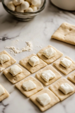 On the white marble cooktop, pizza dough squares are being filled with mozzarella pieces. Each square is wrapped tightly around the cheese, forming sealed dough balls, neatly placed in preparation.