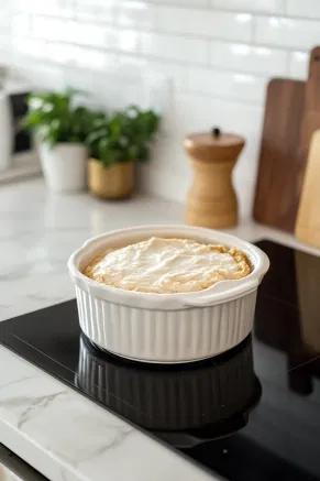 The greased pudding mold on the white marble cooktop as the batter is scooped inside, filling it nearly to the top. The lid is secured tightly, preparing it for steaming.