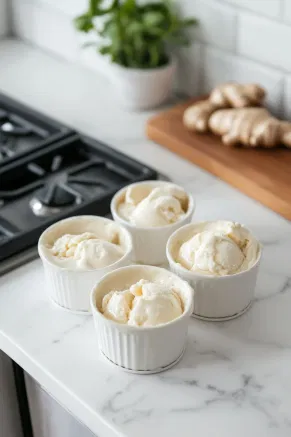 Prepared pudding moulds on the white marble countertop being filled with the ginger-infused ice cream mixture, leaving a small gap at the top.