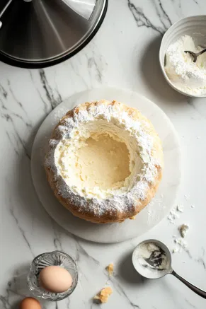 The hollowed-out pandoro on the white marble cooktop is being filled with the prepared ricotta mixture, spooned into the center to fill it completely. The reserved base is placed back on top to seal the filling, and the pandoro is wrapped in cling film, ready to chill for 4-5 hours.