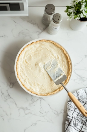 A baked pie crust on the white marble cooktop is being filled with the creamy, fruit-filled mixture. A spatula spreads the filling evenly, preparing the pie for chilling.