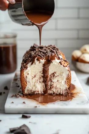 The hollowed-out pandoro being filled layer by layer with amaretto semifreddo followed by chocolate semifreddo, on a white marble countertop.