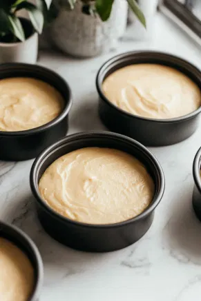 Prepared batter is being evenly divided between three greased cake pans, resting on the white marble cooktop, ready for baking.