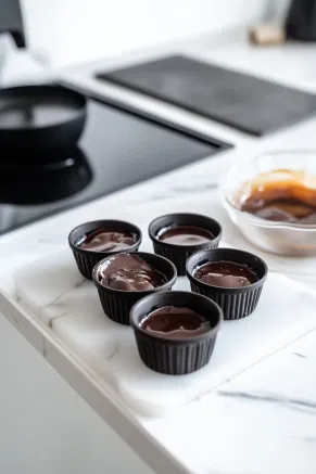 Black pudding moulds on the white marble cooktop, partially filled with chocolate batter, leaving room for a caramel center.