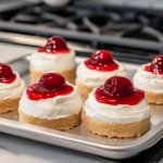 Finished cheesecakes arranged on a serving tray on the white marble cooktop, each topped with cherry pie filling and a swirl of whipped cream, ready to be enjoyed.