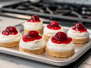 Finished cheesecakes arranged on a serving tray on the white marble cooktop, each topped with cherry pie filling and a swirl of whipped cream, ready to be enjoyed.