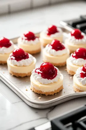 Finished cheesecakes arranged on a serving tray on the white marble cooktop, each topped with cherry pie filling and a swirl of whipped cream, ready to be enjoyed.