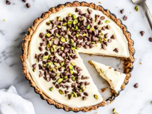 A chilled cannoli cream pie topped with mini chocolate chips and chopped pistachios, neatly sliced with a glossy finish, displayed on a clean white marble background.