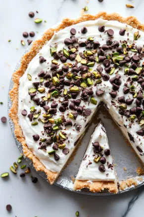 A chilled cannoli cream pie topped with mini chocolate chips and chopped pistachios, neatly sliced with a glossy finish, displayed on a clean white marble background.