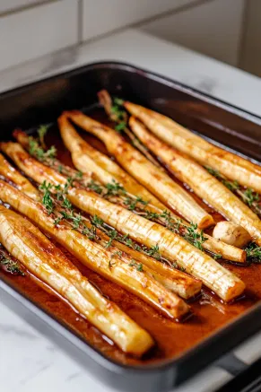 The honey-coated parsnips are placed back in the oven, viewed over the white marble cooktop. The parsnips become golden brown, caramelized, and glossy.