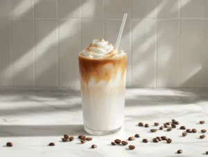 A completed iced coffee in a glass featuring beautifully swirled milk layers, garnished with a straw and surrounded by scattered coffee beans on a white marble cooktop.