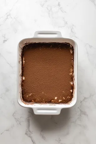 The finished tiramisu in the baking dish on the white marble cooktop, topped with a final dusting of cocoa powder and a sprinkle of grated chocolate. The dish is covered and placed in the fridge to chill for at least 6 hours.