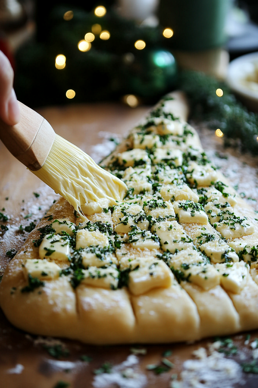 Freshly baked dough balls on a white marble cooktop being generously brushed with the herb butter mixture. The Christmas tree shape glistens with the buttery, aromatic topping.