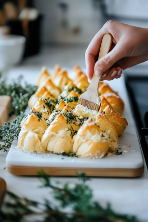 The freshly baked Christmas tree-shaped pull-apart bread rests on the white marble cooktop as a brush applies the herb butter. The golden dough balls glisten under the fragrant mixture.