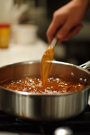 Salt is stirred into the caramel sauce in the saucepan on the white marble cooktop, enhancing the flavor. The caramel appears thick and smooth, prepared to cool to the ideal consistency.