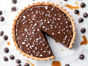 A beautifully sliced salted caramel tart with a shiny chocolate ganache layer, sprinkled with flaky sea salt, displayed on a white marble surface with chocolate chips and a drizzle of caramel for decoration.