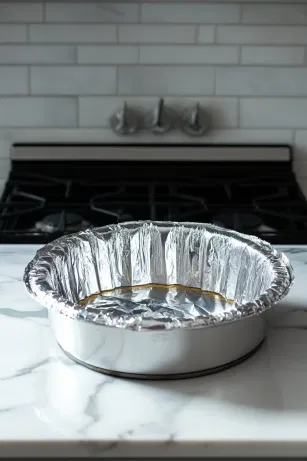 The bundt pan, covered with foil, is placed in a larger roasting pan on the white marble cooktop. Boiling water fills the roasting pan halfway up the sides, creating a water bath for baking the flan layer for 45 minutes.