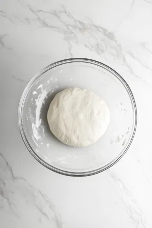 The dough rests in a large, lightly greased glass bowl on the white marble cooktop. It has been turned to coat all sides in oil, then covered, set aside to rise until it doubles in size.