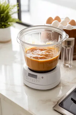 A blender on the white marble cooktop filled with eggs, cream cheese, condensed milk, evaporated milk, vanilla, and salt, blending until smooth. The mixture is sieved for extra creaminess before being poured over the caramel layer in the bundt pan.