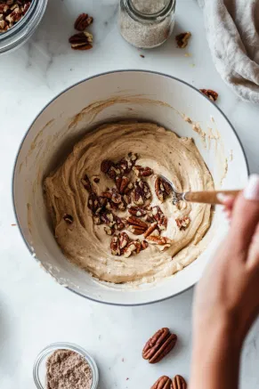 Beat cream cheese and butter until smooth. Mix in sugars, pudding mix, lemon juice, salt, cinnamon, and 1/3 cup pecans until fully incorporated.