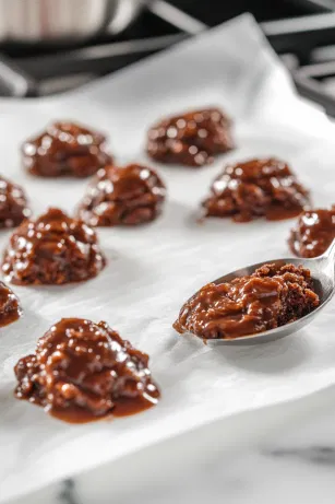 Spoonfuls of the cookie mixture are dropped onto waxed paper laid out on the white marble cooktop. The cookies are cooling and firming, taking shape and soon ready to enjoy.