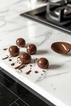 A small spoon scoops out teaspoons of the chocolate mixture on the white marble cooktop, each portion being rolled into a smooth ball. The truffles are then coated in chocolate sprinkles, giving them a glossy and tempting finish.