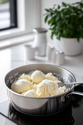 The ginger ice cream is shown transferred to a container on the white marble cooktop, ready to be placed in the freezer to firm up before scooping and serving.