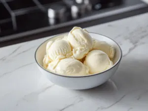 Scoops of frozen vanilla ice cream served in a bowl on the white marble countertop, ready to be enjoyed as a delicious treat.