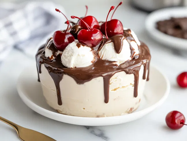 The completed ice cream pudding rests on the white marble cooktop, ready to be frozen until serving. The glossy chocolate layers and vibrant cherry garnish make for a visually stunning dessert.