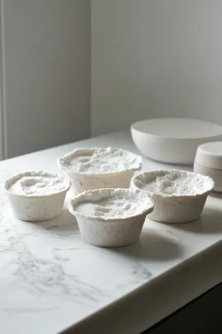 The filled moulds, covered and placed on the white marble countertop, ready to be moved to the freezer to set for 3 hours.