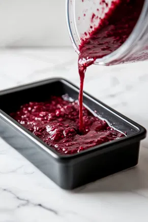 The sieved raspberry mixture being poured into a black rectangular freezer-safe container on the white marble cooktop, prepared for freezing and hourly stirring.