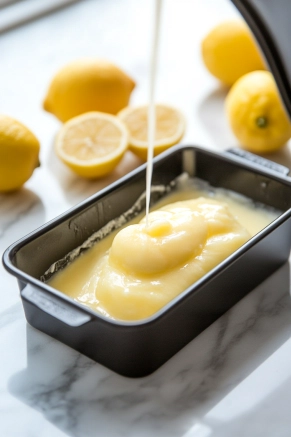 The strained lemon mixture being poured into a black metal loaf pan resting on a white marble cooktop, ready to be frozen into sorbet.