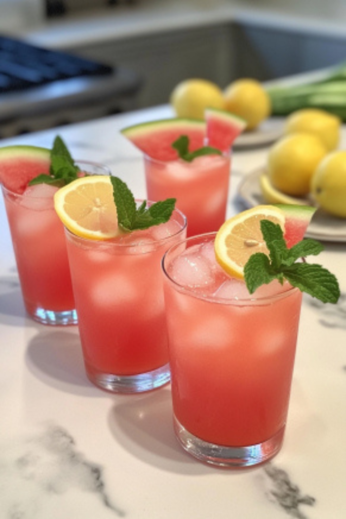 Glasses filled with Fresh Watermelon Lemonade on the white marble countertop, garnished with mini watermelon wedges, lemon slices, and mint sprigs, ready to enjoy.