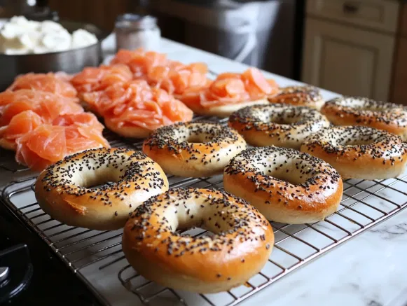 Freshly baked bagels cool on a wire rack on the white marble cooktop, ready for slicing and serving. Cream cheese, smoked salmon, and other toppings sit nearby, inviting a delicious spread.