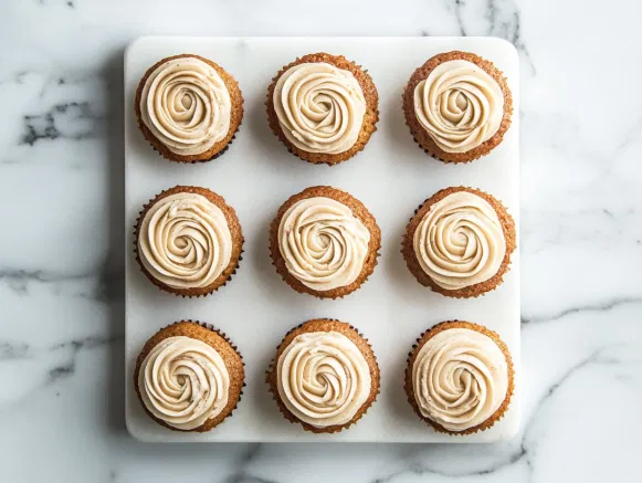 The cooled cupcakes are displayed on the white marble cooktop, each topped with a swirl of cream cheese frosting. The spiced cupcakes are ready to be stored in the refrigerator with a reminder to bring them to room temperature before serving for the best flavor.