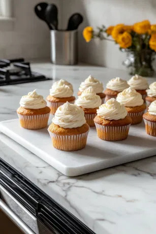 The cooled cupcakes are displayed on the white marble cooktop, each topped with a swirl of cream cheese frosting. The spiced cupcakes are ready to be stored in the refrigerator with a reminder to bring them to room temperature before serving for the best flavor.