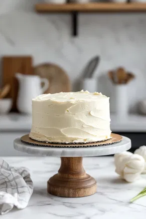 The first cake layer is placed on a cake stand over the white marble cooktop, as frosting is spread evenly between layers and then used to coat the top and sides.