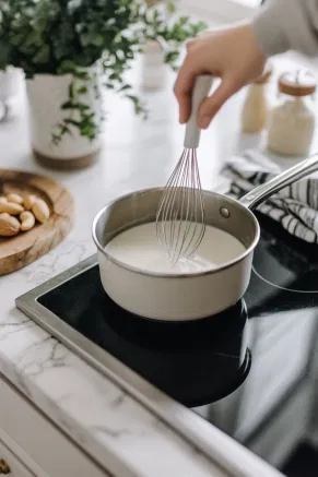 A small saucepan on the white marble cooktop is heating almond milk, with a whisk briskly moving to create a light, frothy foam.