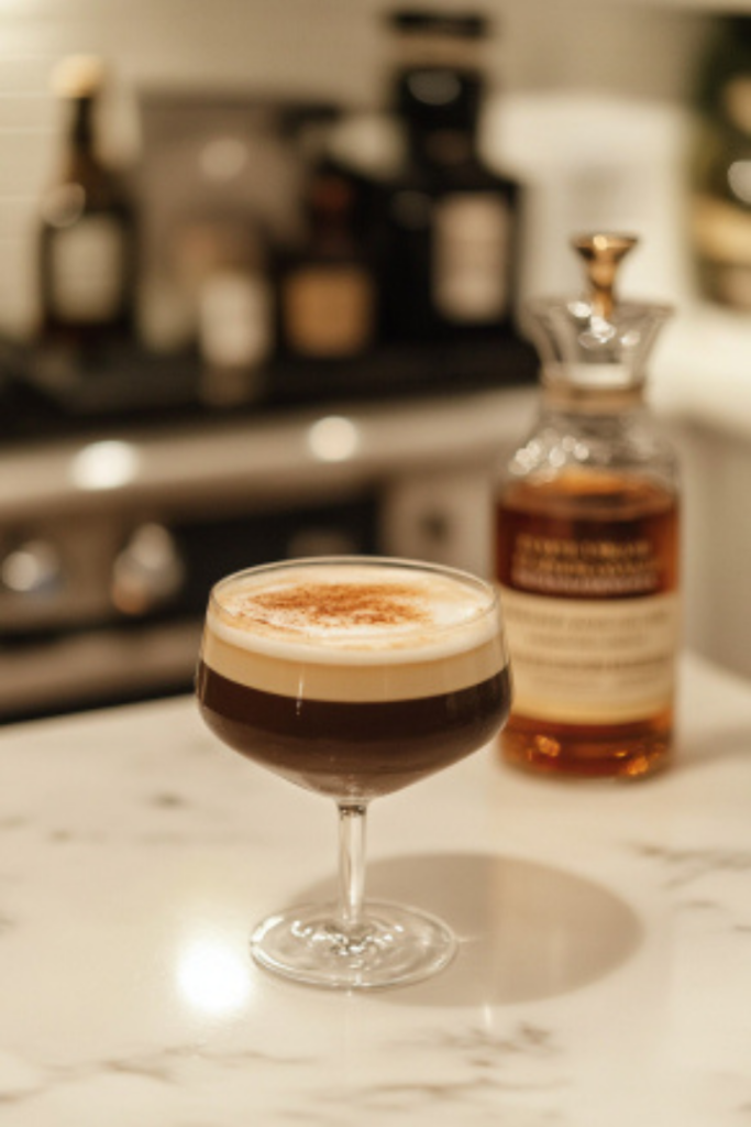 The finished frozen Irish coffee on the white marble countertop, garnished and ready to serve as a luxurious dessert beverage.