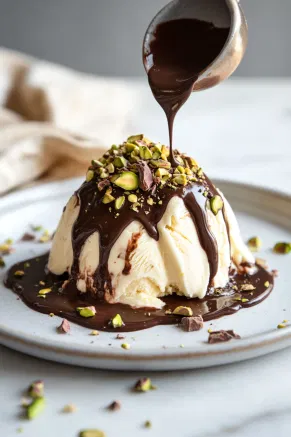 The frozen pandoro turned out onto a serving plate, drizzled with melted chocolate and sprinkled with chopped pistachios for garnish.