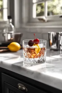 The rocks glass rests on the white marble cooktop with a bright lemon twist perched on the rim and two brandied cherries floating on top of the frothy surface, adding a visually appealing finishing touch.