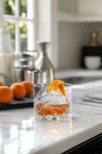 The rocks glass with the completed cocktail is set on the white marble cooktop. An orange twist hovers above, with gentle pressure releasing aromatic oils over the glass, before it is placed as a finishing touch inside the cocktail.