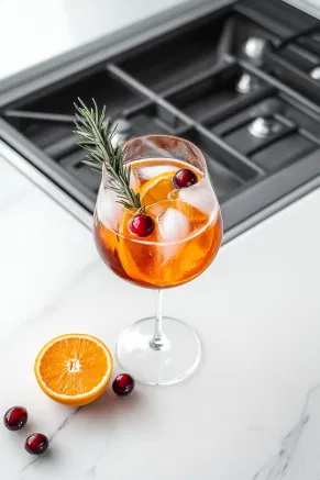 The festive drink on the white marble cooktop is garnished with fresh orange slices, frozen cranberries, and a sprig of rosemary, ready to be served and enjoyed.