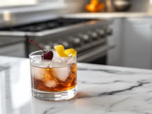 The rocks glass rests on the white marble cooktop with a bright lemon twist perched on the rim and two brandied cherries floating on top of the frothy surface, adding a visually appealing finishing touch.