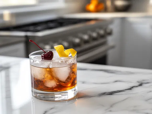 The rocks glass rests on the white marble cooktop with a bright lemon twist perched on the rim and two brandied cherries floating on top of the frothy surface, adding a visually appealing finishing touch.