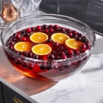 The punch bowl on the white marble cooktop is topped with garnishes of fresh orange slices and whole cranberries floating on the surface, adding a colorful and festive touch to the drink.