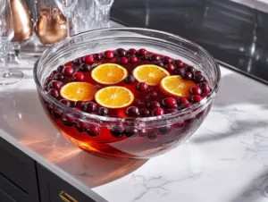 The punch bowl on the white marble cooktop is topped with garnishes of fresh orange slices and whole cranberries floating on the surface, adding a colorful and festive touch to the drink.