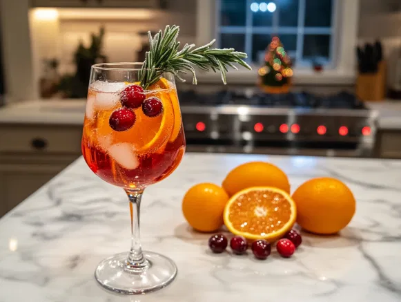 The festive drink on the white marble cooktop is garnished with fresh orange slices, frozen cranberries, and a sprig of rosemary, ready to be served and enjoyed.