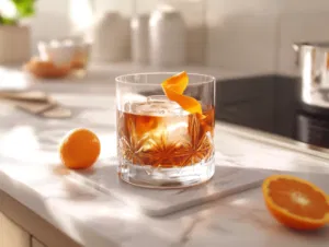 The rocks glass with the completed cocktail is set on the white marble cooktop. An orange twist hovers above, with gentle pressure releasing aromatic oils over the glass, before it is placed as a finishing touch inside the cocktail.