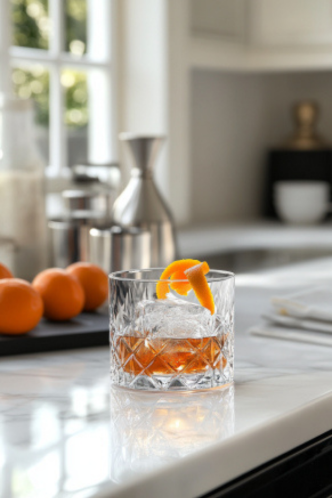 The rocks glass with the completed cocktail is set on the white marble cooktop. An orange twist hovers above, with gentle pressure releasing aromatic oils over the glass, before it is placed as a finishing touch inside the cocktail.